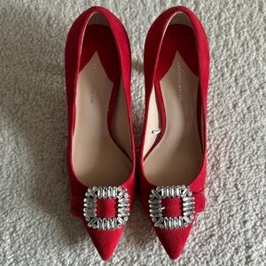 Antonio Melani Red Suede Heels with Crystal Buckle sz10